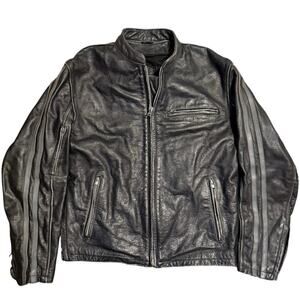Vintage Leather Cafe Racer Motorcycle Jacket Black Gray Striped Mens Size Small